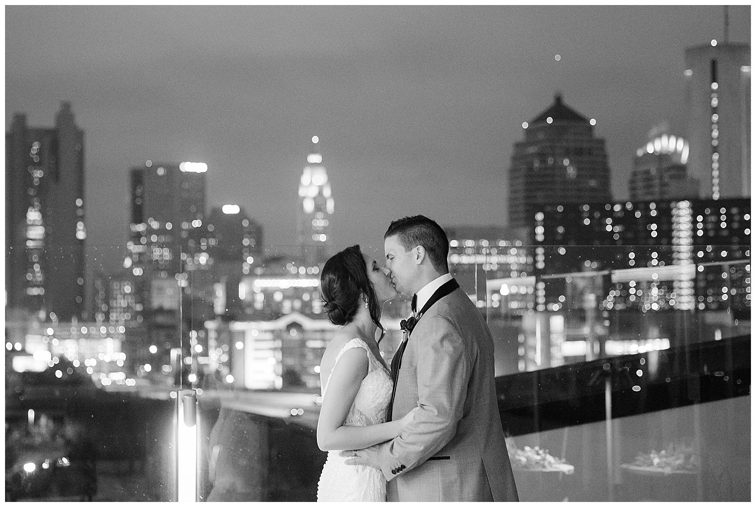 bride and groom on the roof top at night at the revery columbus