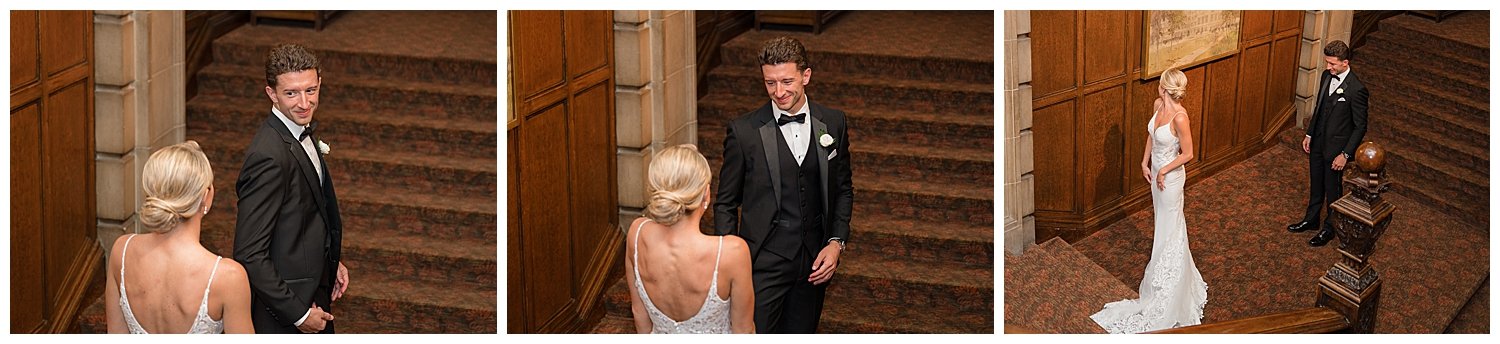 university club of chicago wedding first look on staircase