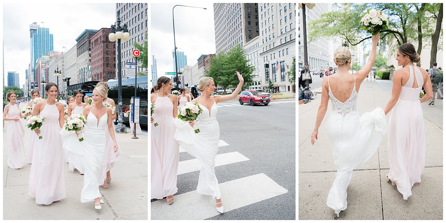 chicago wedding photography bridal party walking having fun 