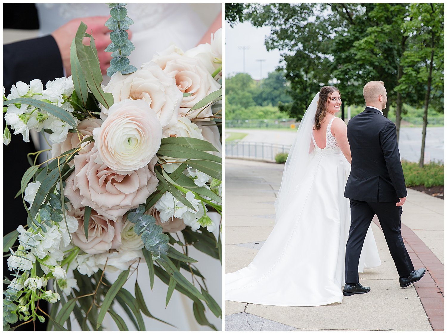 bride and groom on ohio state campus