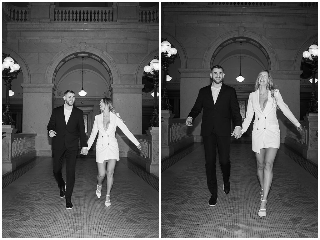 black and white engagement photos at the Ohio Statehouse