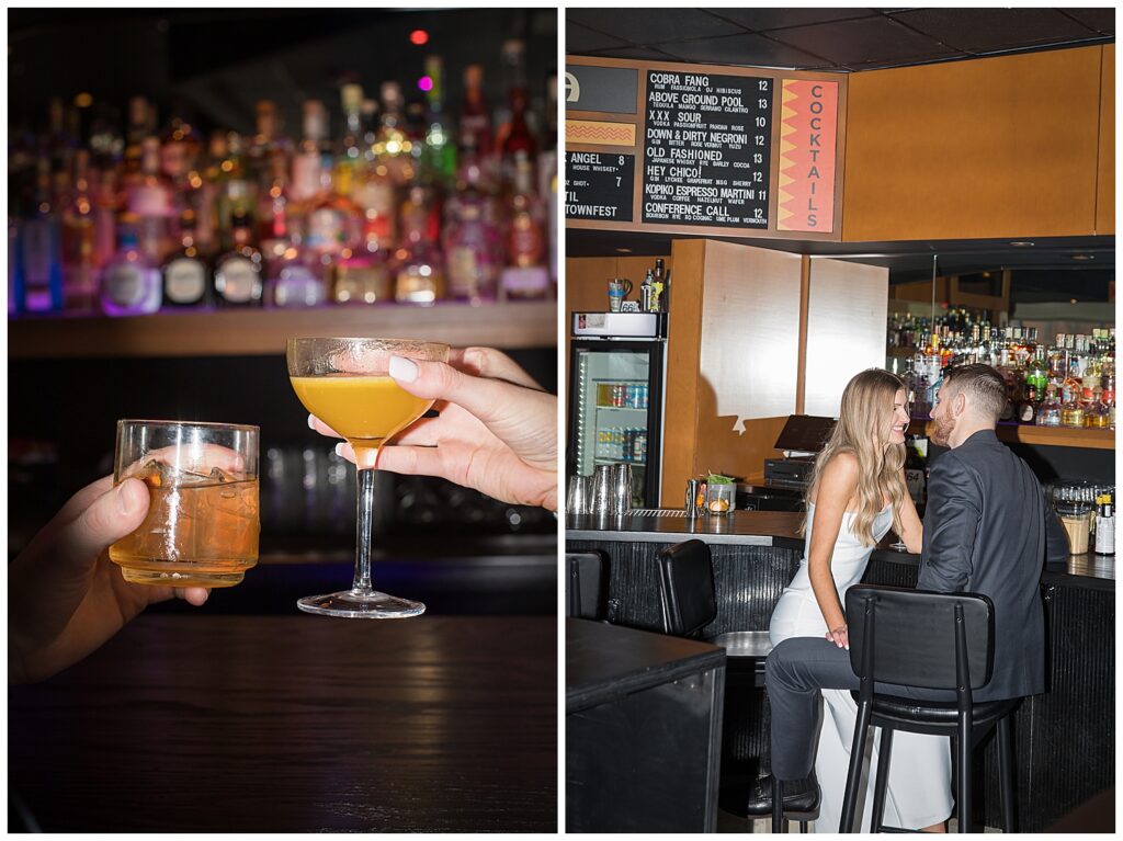 trendy engagement photos at cocktail lounge