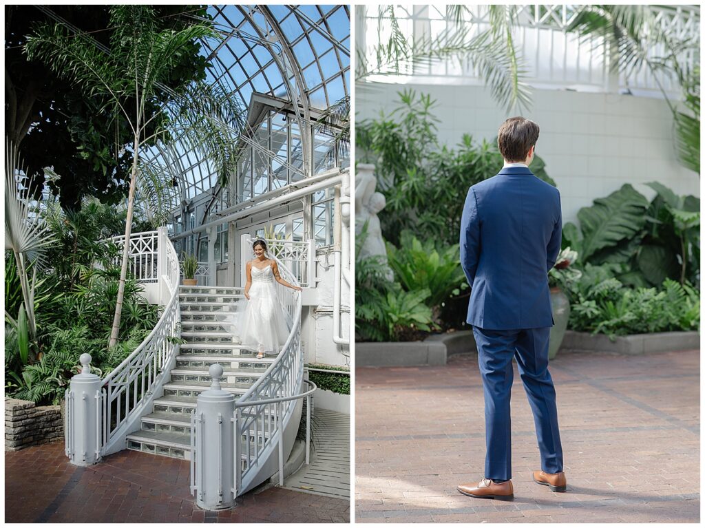 bride and groom first look at franklin park conservatory