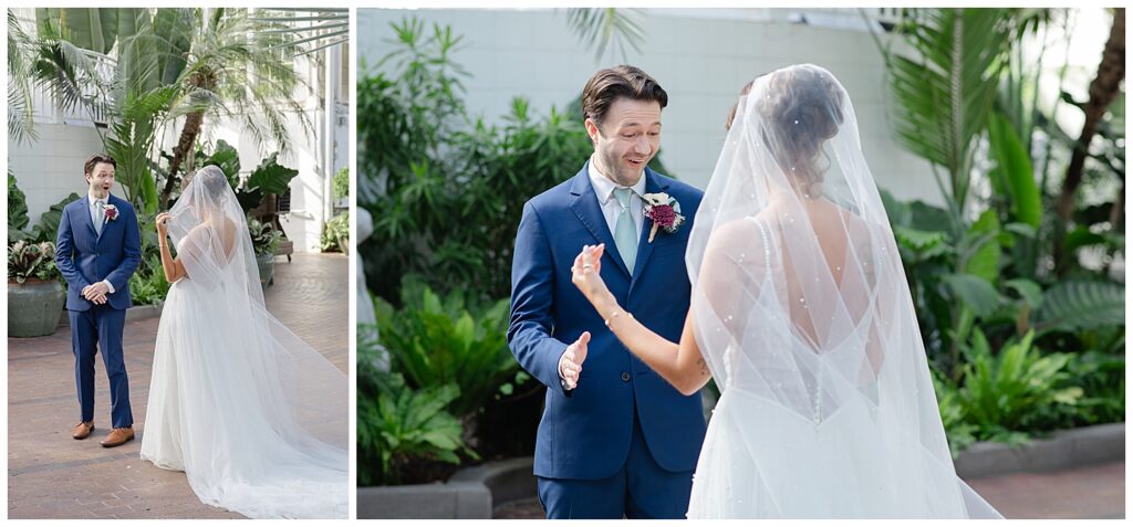 grooms reaction seeing his bride at FPC in Columbus Ohio