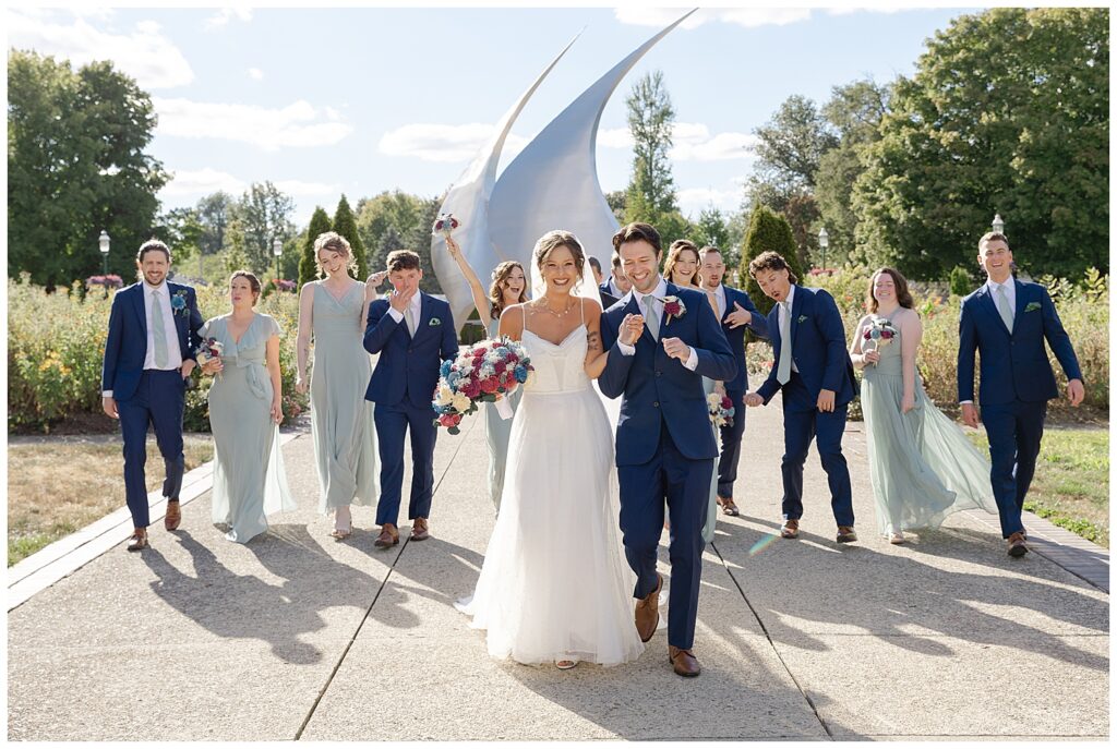 An outdoor photograph of a bridal party at Franklin Park Conservatory in Columbus Ohio