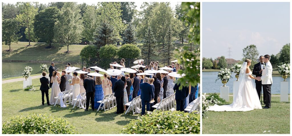 Club at Corazon Dublin Ohio Italian wedding ceremony outside on lawn guests with parosoles