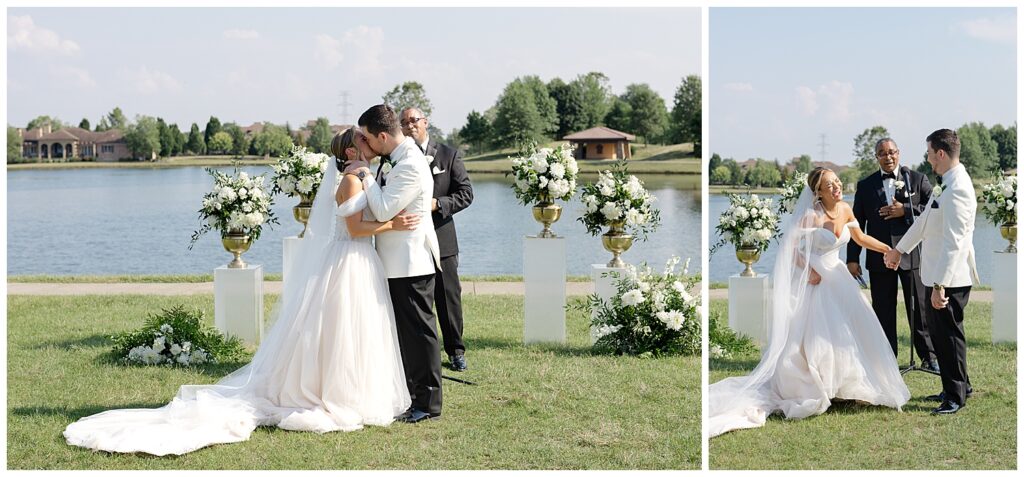 Club at Corazon Dublin Ohio Italian wedding ceremony outside on lawn kiss