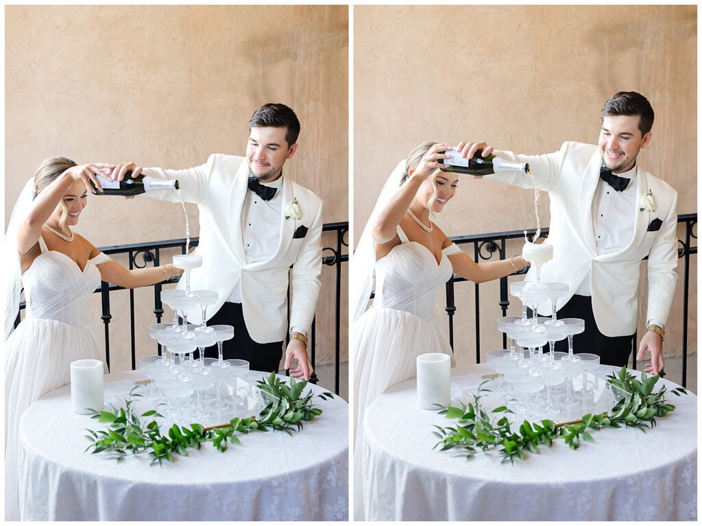 champagne tower during wedding reception at The Club at Corazon in Dublin Ohio