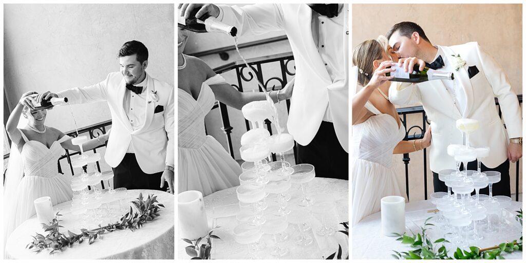 champagne tower during wedding reception at The Club at Corazon in Dublin Ohio