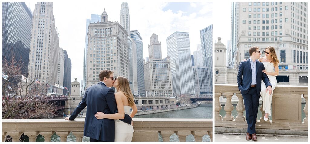 Stylish couple laughing together during modern engagement session in Chicago