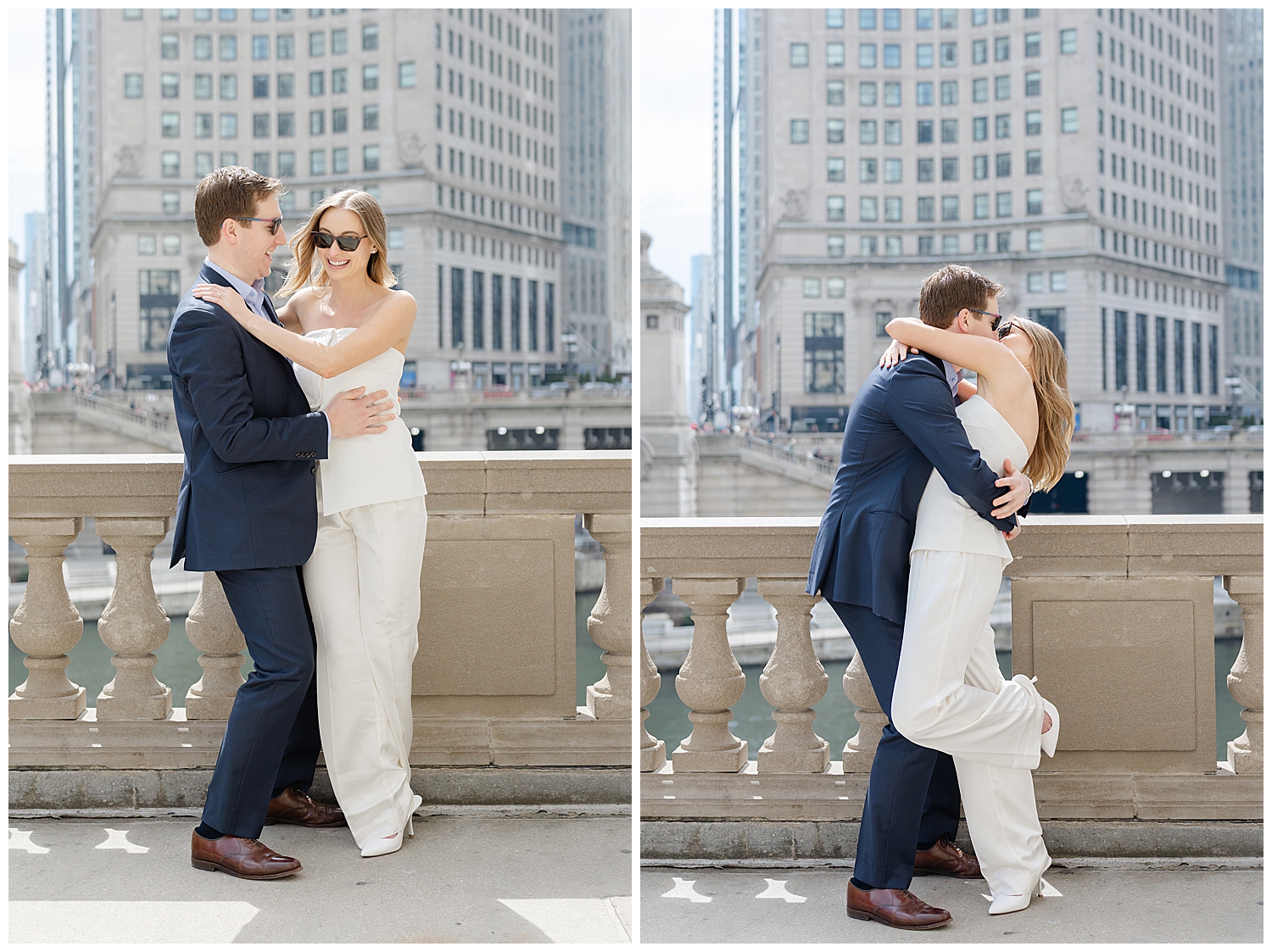 Couple walking past city buildings during a romantic and modern engagement session