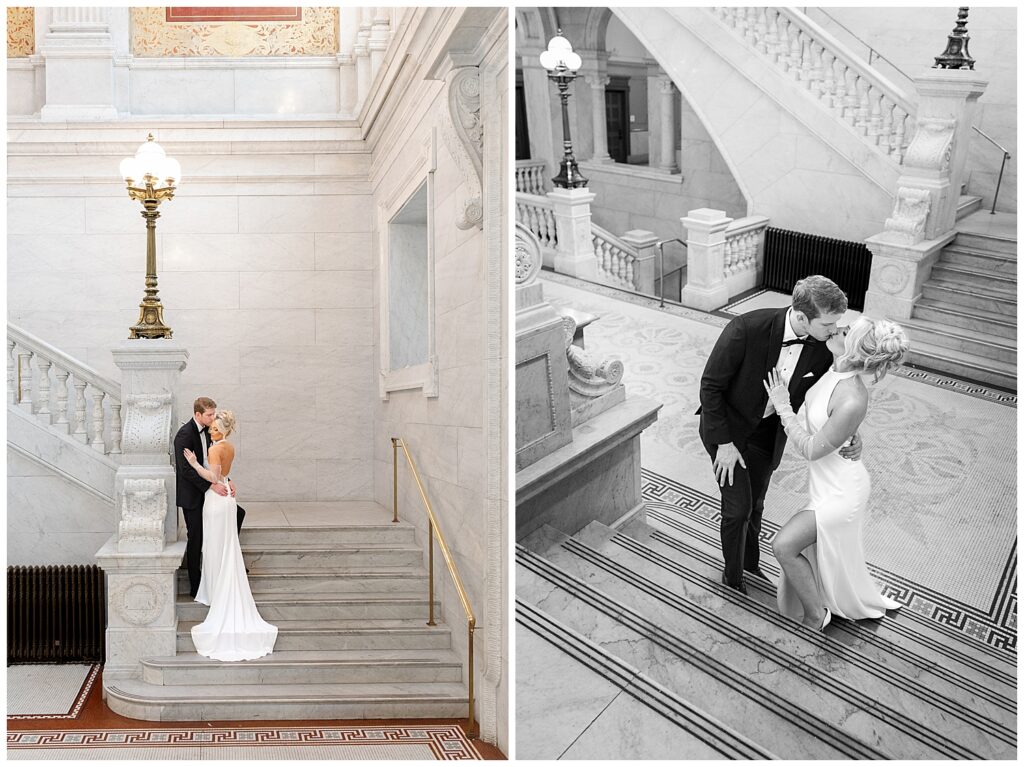 Modern editorial wedding couple at The Ohio Statehouse in Columbus captured in cinematic style