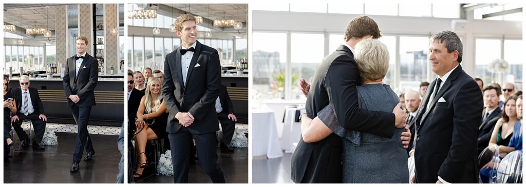 Modern wedding ceremony overlooking the Columbus cityscape at Revery rooftop