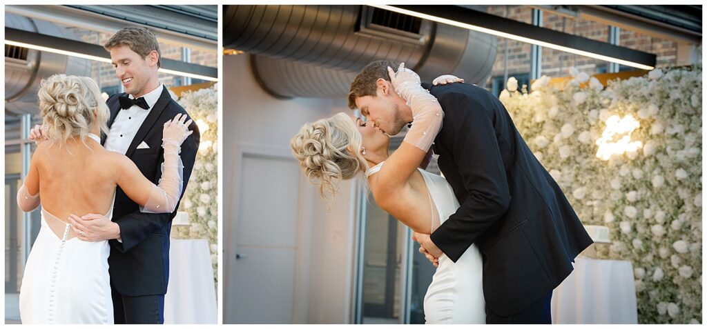 Editorial reception portraits with Columbus skyline glowing at night on Revery rooftop
