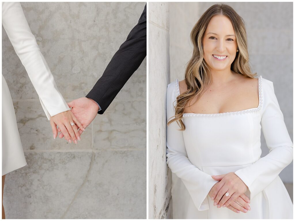 Couple posing elegantly on the steps of the Ohio Statehouse during a Columbus engagement session