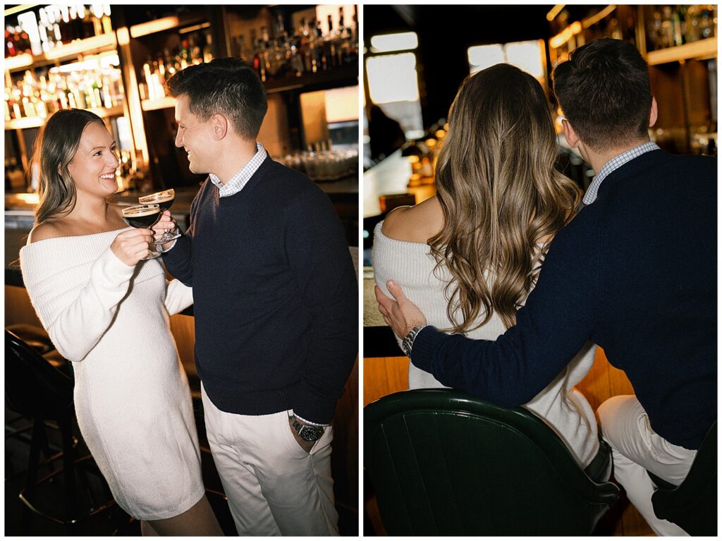 Editorial-style engagement photo of couple in elegant outfits at the Brass Eye, Columbus Ohio