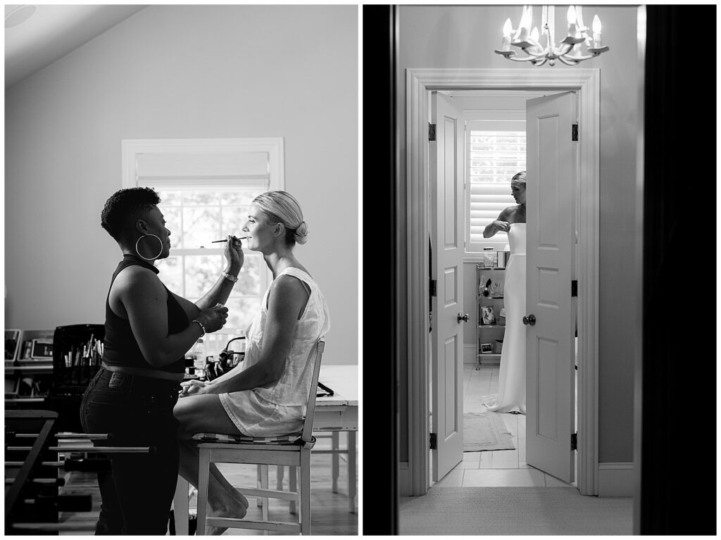 Bride having her hair and makeup done before her Winnetka wedding