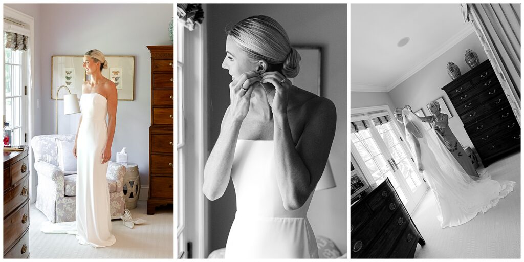 Bride putting on earrings before her wedding in Winnetka