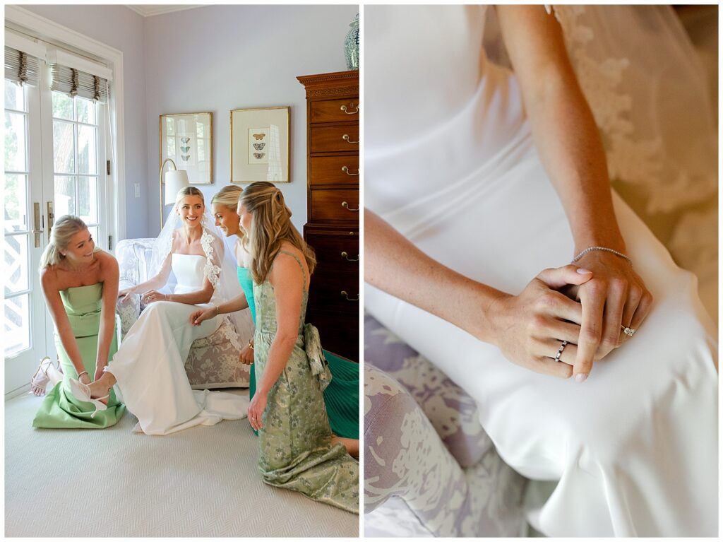 Bride laughing with her bridesmaids while getting ready