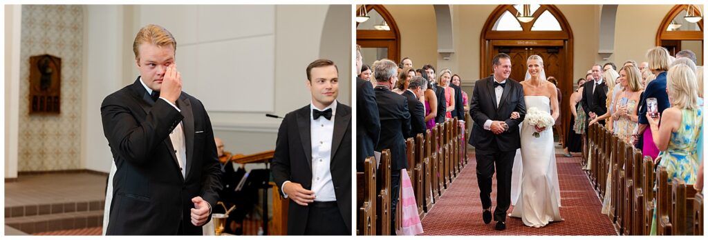 Bride walking down the aisle at Sacred Heart Church in Winnetka