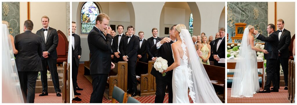 Bride walking down the aisle at Sacred Heart Church in Winnetka