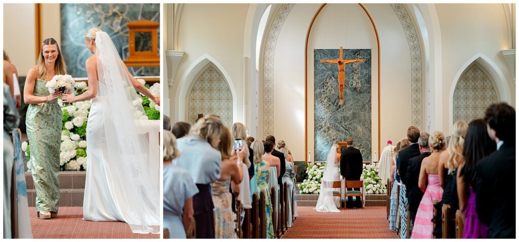 Bride and groom standing at the altar during their Catholic wedding ceremony