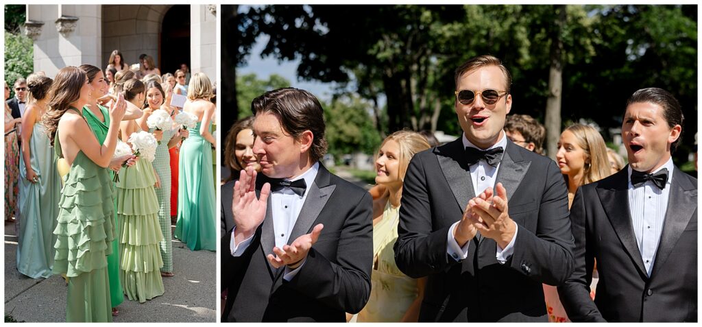 Wedding guests celebrating the newlyweds at Sacred Heart Church in Winnetka