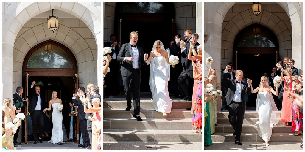 Candid moment between bride and groom after their Catholic wedding ceremony