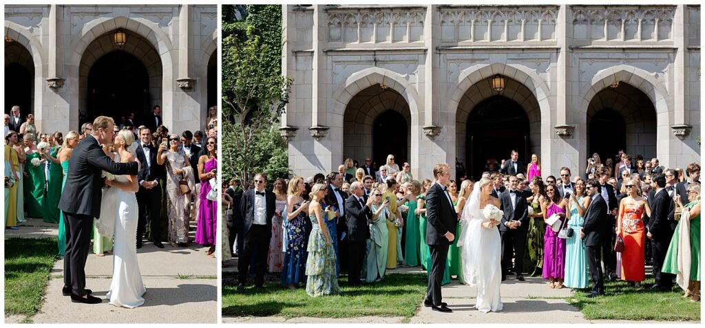 Large bridal party outside Sacred Heart Church after the wedding ceremony