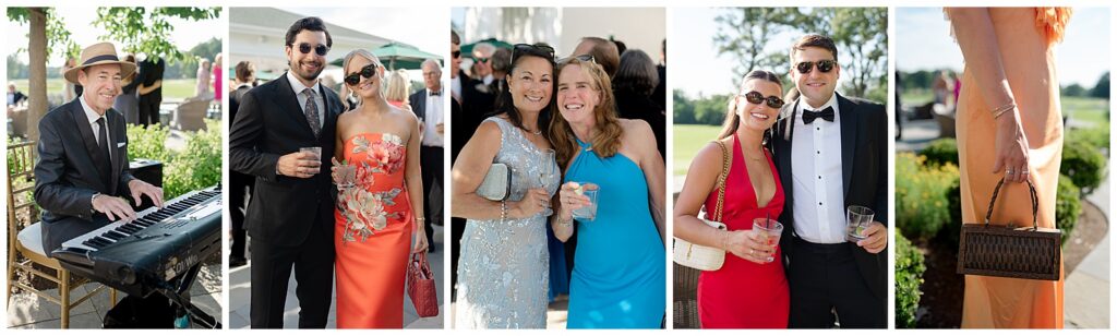 Guests dressed in formal wedding attire during cocktail hour