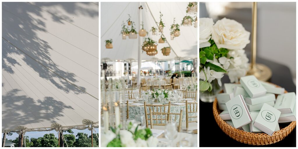 Green and white wedding reception under a tent at Exmoor Country Club