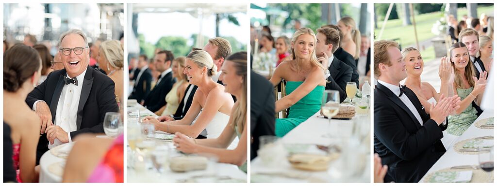 Wedding guests raising their glasses to the newlyweds